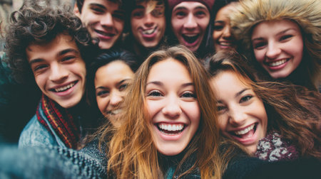 A vibrant group of young adults captures a joyful selfie in a winter landscape. Their warm smiles and cheerful expressions celebrate friendship and togetherness.の素材