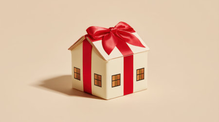 A charming house-shaped gift box adorned with a bright red ribbon, ideal for festive occasions and heartfelt surprises, conveying warmth and joy.の素材