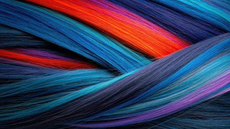 A captivating close-up of vibrant hair strands intertwining in bold colors of blue, red, purple, and orange, showcasing artistic beauty and vibrant texture.の素材