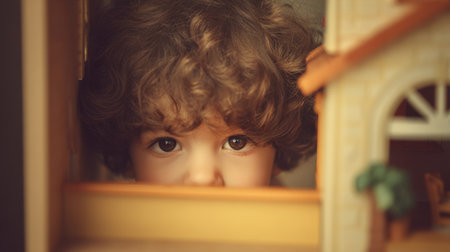 A charming glimpse of a child gazing through a dollhouse window, encapsulating playful curiosity and innocence in a warm, inviting indoor scene.の素材