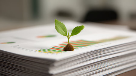 A fresh green sprout emerges from rich soil, symbolizing growth amidst stacked business reports. This image captures the essence of sustainability and innovation.の素材