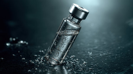 A clear glass vial filled with liquid shows air bubbles floating inside. The vial stands on a wet surface, illuminated with soft light for a modern aesthetic.の素材