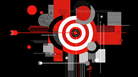 This abstract geometric artwork showcases a striking composition of circles and lines in bold colors, set against a black background, perfect for modern design needs.の素材