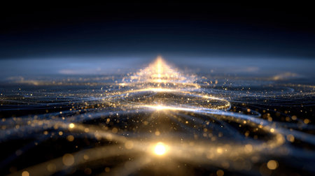 Explore the enchanting world of abstract light waves and glittering particles. This captivating image evokes a sense of tranquility and depth in a digital space.の素材