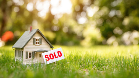 A small model house with a "SOLD" sign sits on lush green grass, depicting the essence of successful real estate transactions and property ownership outdoors.の素材