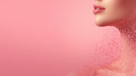 This captivating portrait features a woman's graceful profile with sparkling particles merging into a soft pink background, perfect for beauty and fashion projects.の素材