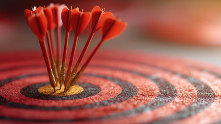This striking image showcases red darts perfectly embedded in a bullseye target, highlighting themes of success and achievement in various competitive fields.の素材