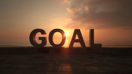 A stunning sunset scene features large letters spelling "GOAL" against the backdrop of a tranquil ocean. This image conveys inspiration and motivation, capturing the essence of personal achievement.の素材