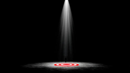 A dramatic image of a lone figure illuminated by a beam of light, centered on a red target, evoking themes of focus and determination in a stark environment.の素材