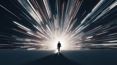 A striking portrayal of a businessman walking towards an intense burst of light, representing the pursuit of success and the endless possibilities ahead. Perfect for motivation themes.の素材