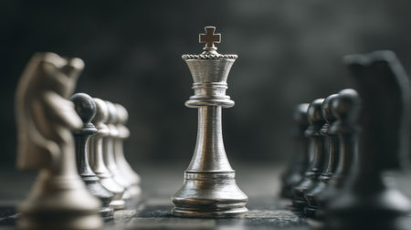 A striking metallic king chess piece stands boldly among its opponents, embodying the essence of strategy and challenge in a competitive game atmosphere.の素材
