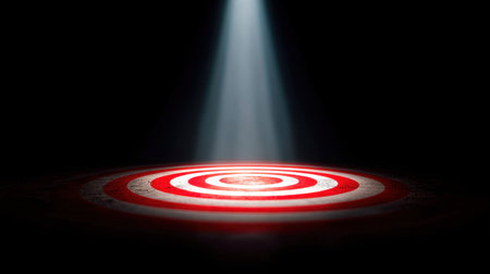 A striking visual of an illuminated target featuring red and white concentric circles against a dark backdrop, representing focus, goals, and creative inspiration for projects.の素材