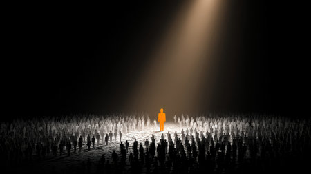 An artistic representation of an orange figure illuminated by a spotlight among shadowy silhouettes, showcasing themes of individuality, focus, and the power of uniqueness.の素材