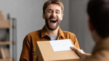 A joyful man expresses his excitement while receiving a package in a cozy living room. His warm smile captures a delightful surprise moment in casual attire.の素材