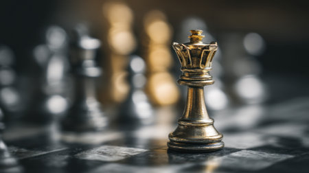 A stunning close-up image of a golden king chess piece stands prominently amidst silver opponents on a wooden chessboard, symbolizing strategy and competition.の素材