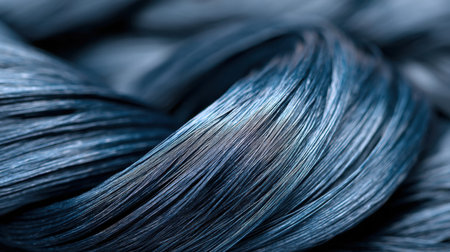 A stunning close-up showcase of hair strands in blended shades of blue, reflecting light and emphasizing the smooth, textured beauty and vibrant color.の素材