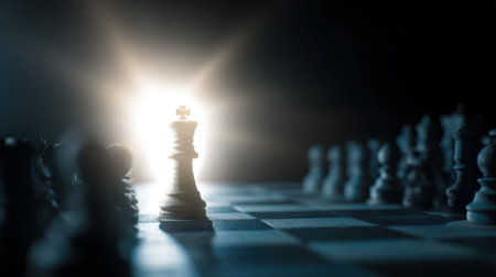A striking image featuring a chess king piece illuminated by background light, creating depth and contrast. This visual represents strategy, decision-making, and the elegance of competition.の素材