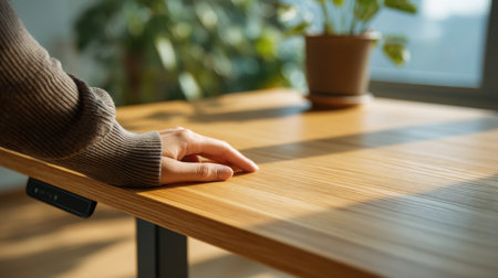 A serene close-up of a hand resting on a sleek wooden table, illuminated by soft natural light. A potted plant in the background adds a touch of greenery, enhancing the calm workspace.の素材