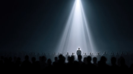 A solitary figure stands illuminated by a powerful beam of light in a dark setting, surrounded by a vast crowd, evoking themes of isolation, drama, and human connection.の素材