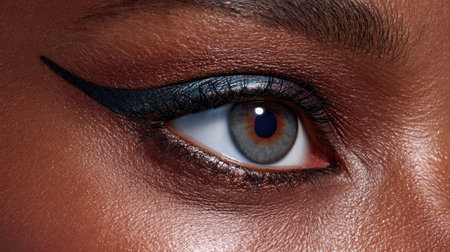 Stunning close-up photo highlighting a striking eye with dramatic eyeliner and captivating iris detail. Perfect for beauty and fashion inspiration or makeup artistry.の素材