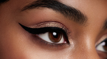 Explore the captivating beauty of a woman's eye featuring bold eyeliner, glossy skin, and detailed eyelashes. An inspiring image for beauty and fashion enthusiasts.の素材