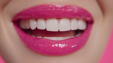 A stunning close-up showcasing a radiant smile with glossy pink lips. The vibrant pink background enhances the beauty, making it an ideal image for cosmetic or dental themes.の素材