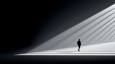 A solitary figure walks through an abstract environment illuminated by sharp beams of light, creating a striking contrast with the surrounding darkness, symbolizing hope.の素材