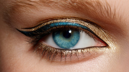 This striking close-up of an eye showcases bold makeup with vibrant blue and gold eyeliner, creating an artistic and glamorous look emphasizing beauty.の素材