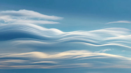 Experience the tranquility of soft waves of blue and white clouds drifting peacefully across the sky, evoking a sense of calm and beauty in nature.の素材