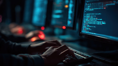 Close-up of hands typing on a keyboard while multiple monitors illuminate the dark workspace with colorful code and data, showcasing technology and programming skills.の素材
