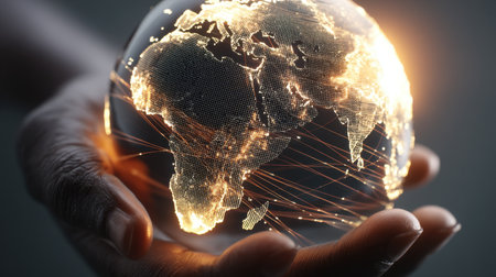 A striking image of a hand gently holding a glowing globe that symbolizes global connectivity through digital light patterns. Ideal for concepts of technology and unity.の素材