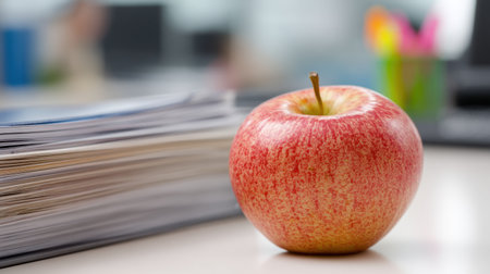 A fresh red apple placed on a desk beside a stack of papers, creating a vibrant office scene that promotes healthy snacking and productivity in a work environment.の素材