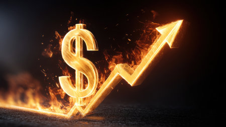 A striking image depicting a glowing dollar sign engulfed in flames alongside an upward arrow, symbolizing financial growth and the pursuit of success.の素材