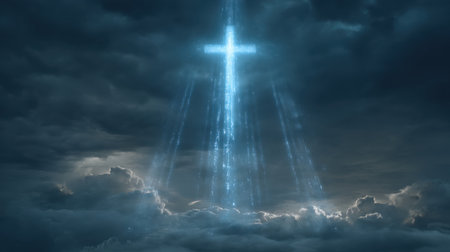 A stunning visual of a glowing cross breaking through dark clouds, casting ethereal light beams in a serene and spiritual atmosphere that inspires hope and reflection.の素材