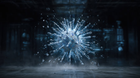 This image features an abstract water splash captured in a dramatic and futuristic environment, showcasing fluid dynamics and intricate details for creative use.の素材