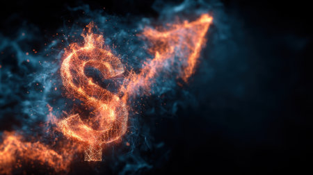 This vibrant abstract image features a glowing dollar sign with a rising arrow made of flames, symbolizing financial growth, success, and investment potential.の素材