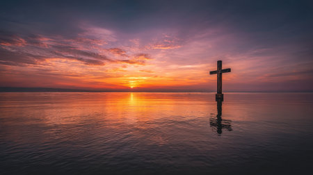 A tranquil scene of a cross silhouette standing in still water, beautifully mirrored against a vibrant sunset sky, evoking a sense of peace and reflection.の素材