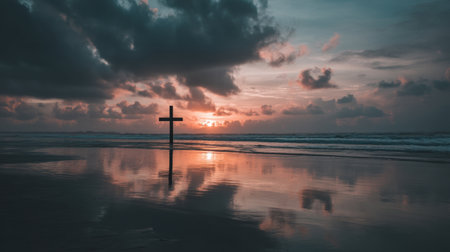 A tranquil beach scene showcasing a stunning sunset over calm ocean waves, highlighted by the silhouette of a wooden cross and dramatic clouds.の素材