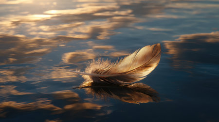 A single delicate feather drifts gracefully on a tranquil water surface, capturing the soft echoes of clouds and warm light during a breathtaking sunset.の素材