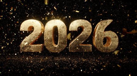 Celebrate the arrival of 2026 with this stunning image of a golden year surrounded by sparkling confetti, capturing the essence of joy and new beginnings.の素材