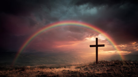 A breathtaking view showcases a wooden cross beneath a vibrant rainbow against a dramatic sky. This serene landscape captures the essence of hope and spirituality in nature.の素材