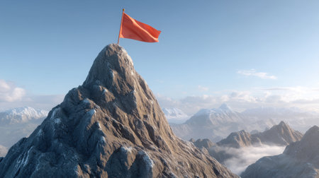 A stunning mountain peak featuring a bright red flag stands proudly against a clear blue sky, epitomizing adventure and the spirit of exploration in nature's majestic embrace.の素材