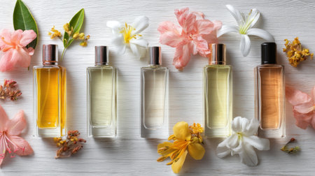 This stunning arrangement showcases elegant perfume bottles surrounded by vibrant flowers, ideal for concepts related to beauty, wellness, and aromatherapy.の素材