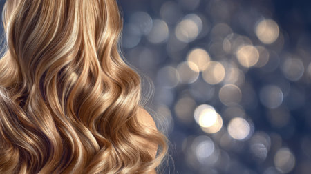 This image showcases long, wavy blonde hair beautifully contrasting against a blurred, dreamy bokeh background, capturing elegance and beauty in a light-filled setting.の素材