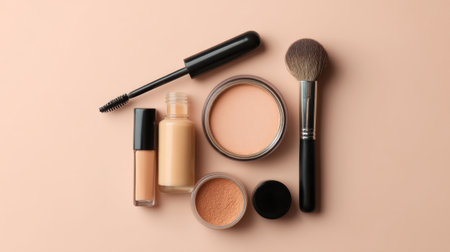 This flat lay composition features a variety of makeup products arranged artistically on a soft peach background, perfect for beauty branding or cosmetic promotion.の素材