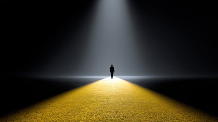 A solitary figure stands in a dark environment, illuminated by a beam of light on a yellow path. This image captures themes of hope, introspection, and exploration.の素材