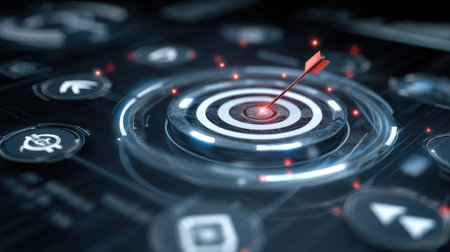 This image showcases a futuristic targeting interface featuring a red arrow positioned at the center of a digital circle, symbolizing precision and goal achievement.の素材