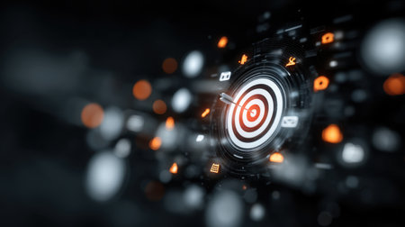 A dynamic digital target surrounded by glowing icons symbolizes focus, strategy, and achievement in a contemporary design suitable for business and marketing visuals.の素材
