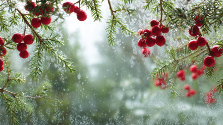 A captivating winter image featuring vibrant red berries nestled among evergreen branches, set against a frosty window, creating a serene holiday atmosphere.の素材