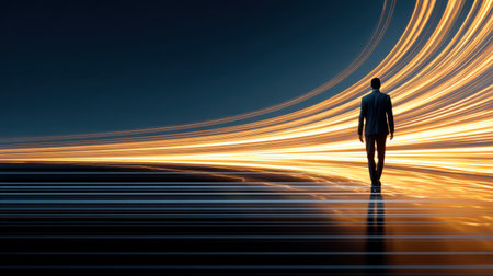 A contemplative man stands alone, facing a mesmerizing swirl of light. This striking image captures the essence of ambition, inspiration, and the journey ahead.の素材